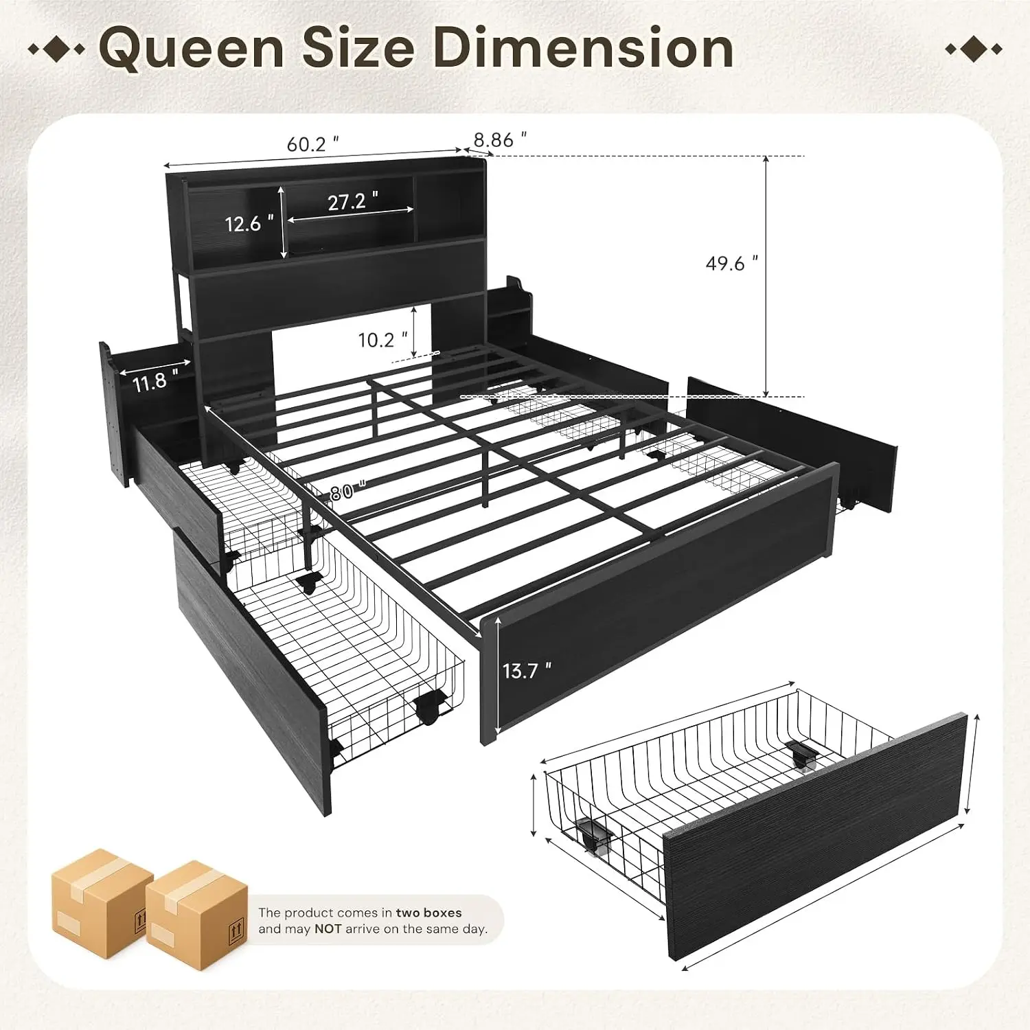 Platform Queen Bed Frame with 4 Storage Drawers and Bookcase Headboard, LED Lights & Charging Station, Wood Bed, Customized
