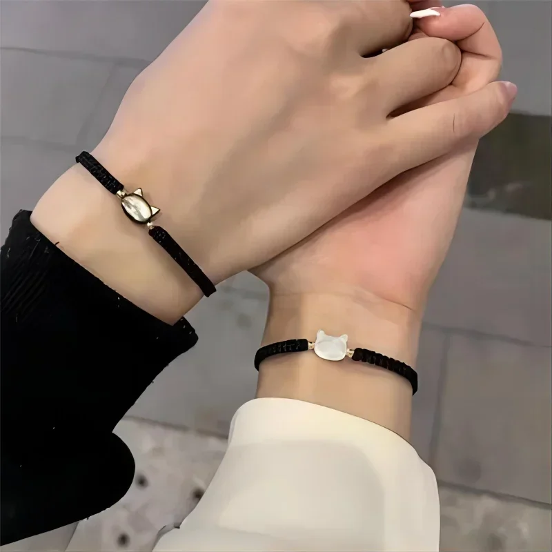 Black White Cat Charm Cord Adjusable Bracelet For Women Natural Moonstone Obsidian Simple Design Handmade Girl Cute Cat Bracelet