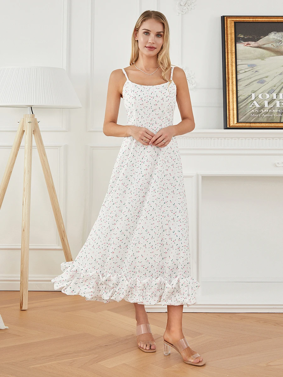 Wsevypo-Robe longue à volants avec imprimé floral pour femme, bretelles spaghetti, ourlet bulle, robe trapèze, été