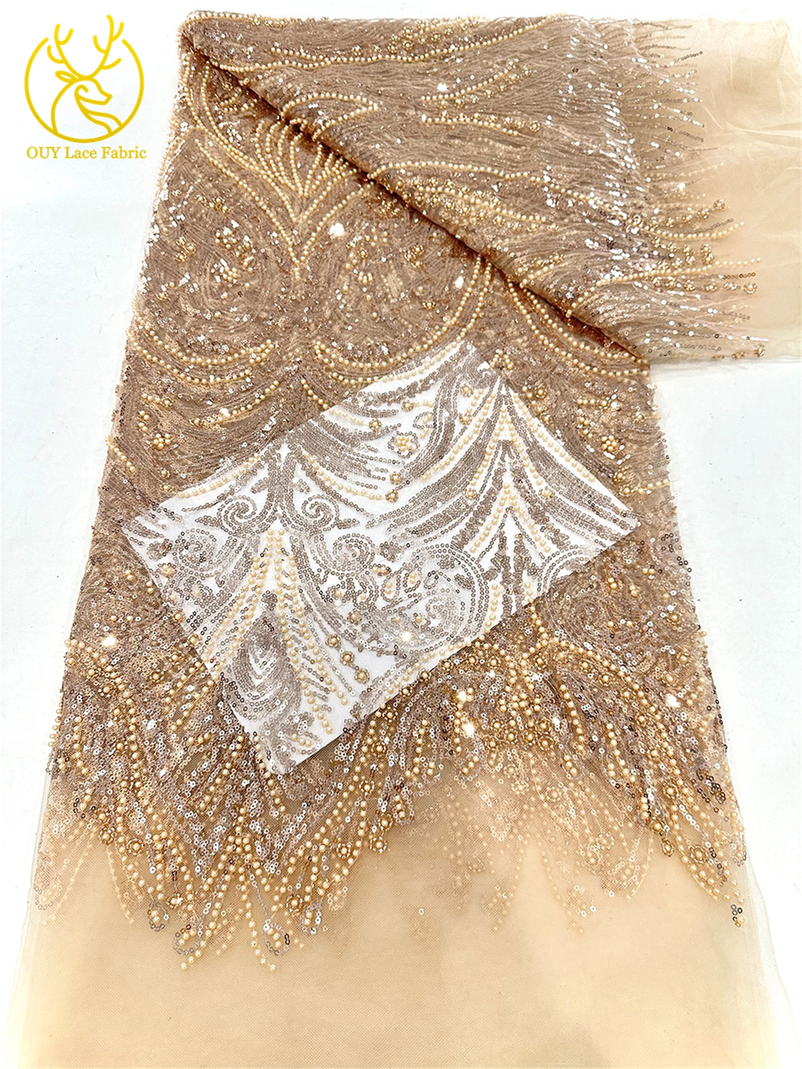 Beautiful African Beaded Sequin Lace Fabric 2025 High Quality French Nigerian Mesh Tulle Lace Fabric for Bridal Wedding Dresses