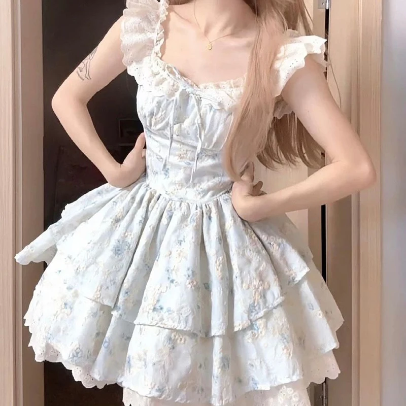 

Elegant Floral Women Dress Flying Sleeve Summer Embroidery Mini Cake Dress Lace Up Gentle Sweet Fashion Female New Vestidos