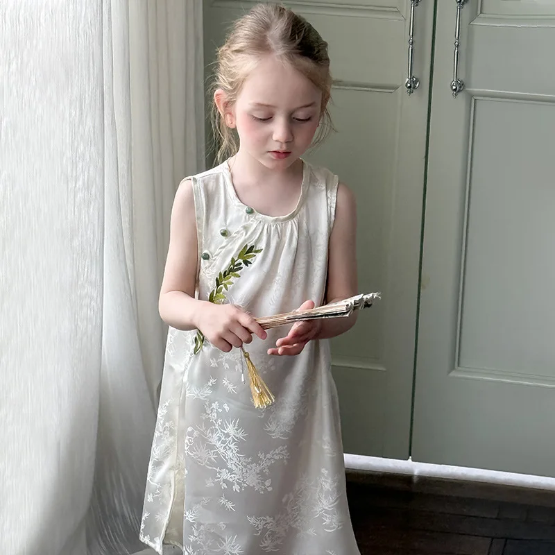 

New Chinese Style Girls National Style Dress for Summer 2025 New Children Summer Cheongsam Dress Girls Baby Sleeveless Dress