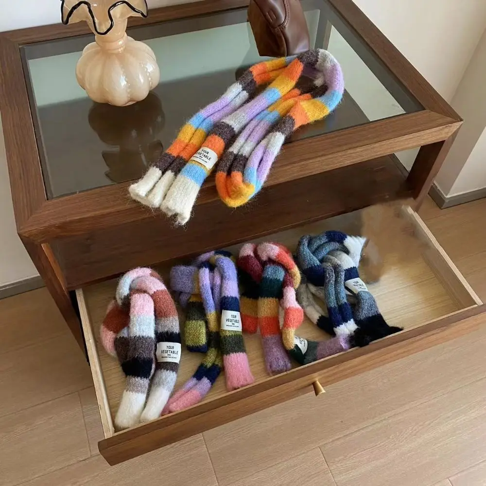 Y2K Striped Scarf Knitted Wool With Warm Color Splicing Contrast Sausage Thin Scarf Rainbow Color Scarf Winter