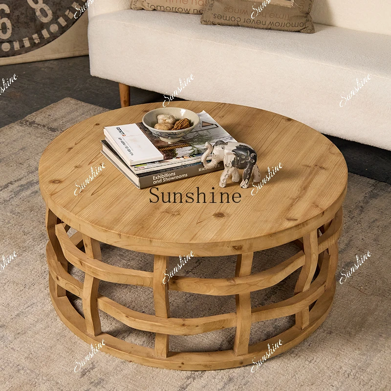 Solid wood round small coffee table living room sofa front home bed and breakfast side table retro log  FT