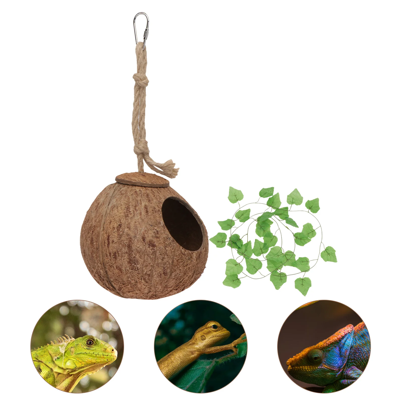 1Set Natural Coconut Cave with Vines Lizard Sleeping Reptile Hideout Small Pet Nest Climbing Exercise Shelter Warm Bed