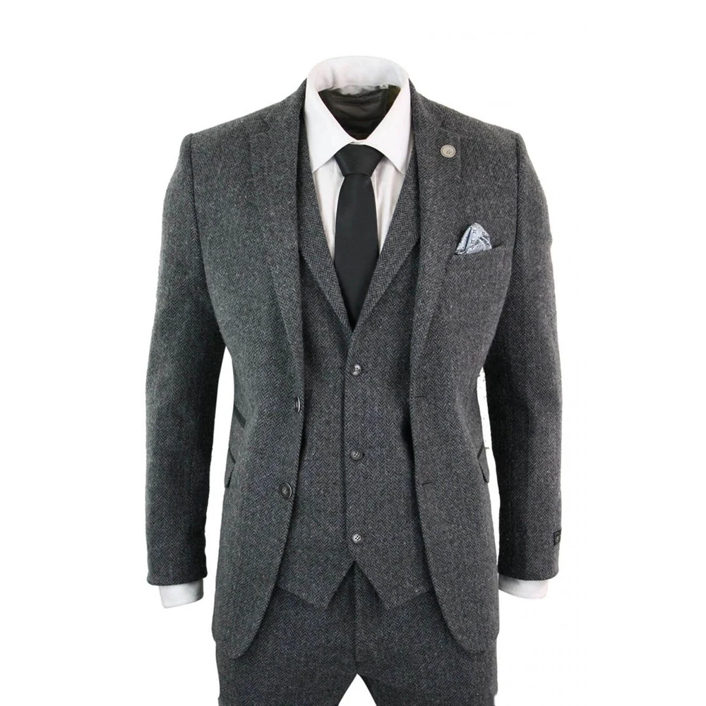 Smoking da sposa grigio 3 pezzi bavero dentellato due bottoni Tweed a spina di pesce abiti da uomo formali su misura Peaky Blinders sposo