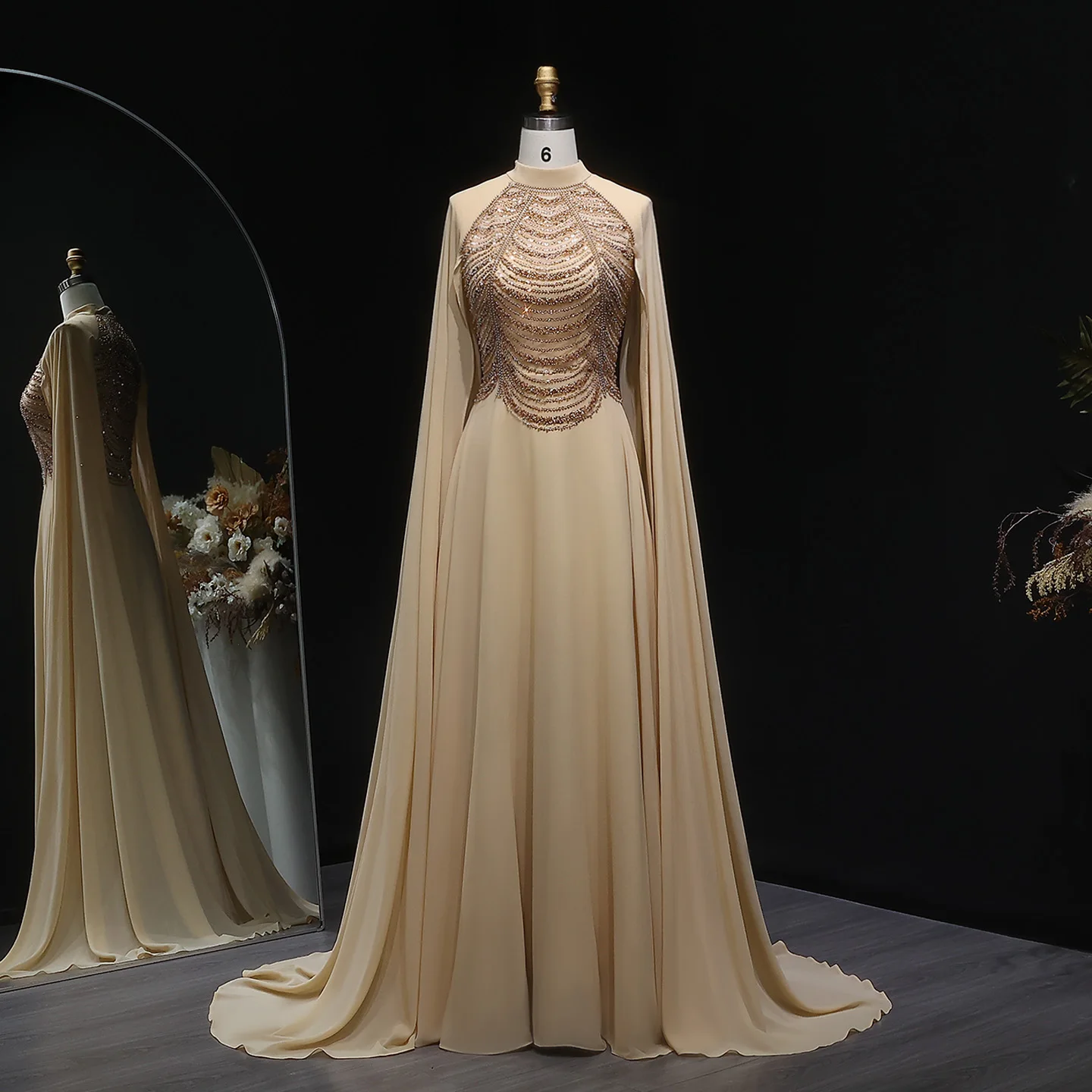 شارون سعيد فستان سهرة فاخر بلون الشامبانيا بأكمام قصيرة للنساء رداء حفلات الزفاف الرسمي العربية 2025 SF341 مخصص