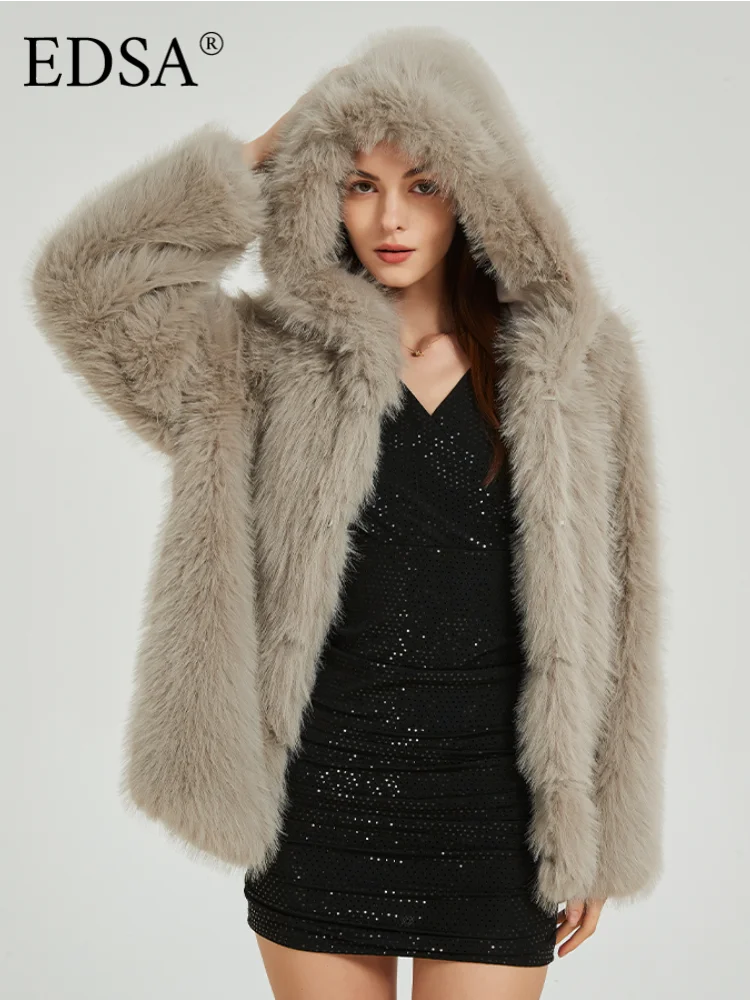 

EDSA женская зимняя куртка, пушистое теплое пальто из искусственного меха с капюшоном, женская одежда, куртка из искусственного меха, женские зимние куртки