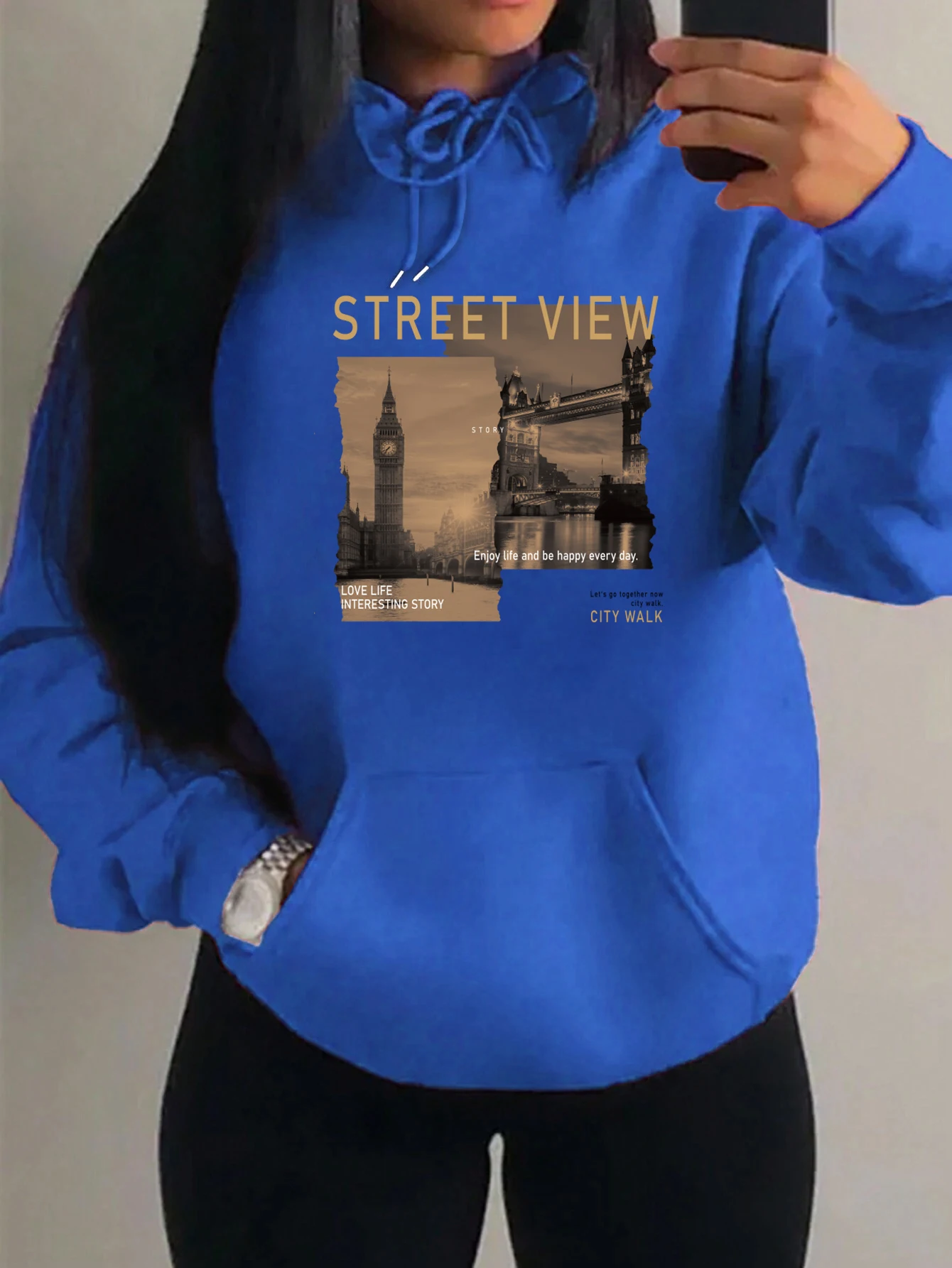 Street View Of London Design Women Clothing Fashion Pocket Hoodies Casual Loose Unisex Pullovers Harajuku Pocket Womenwear