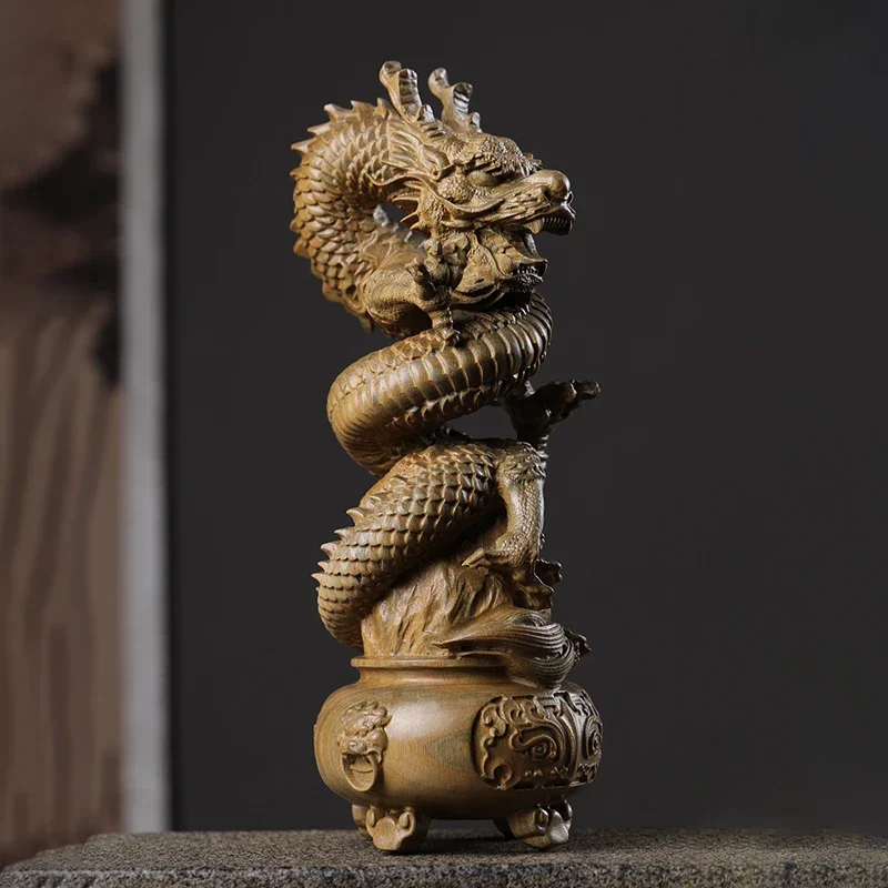 

Green sandalwood carved dragon cauldron ornaments Chinese dragon home office desk decoration ornaments opening gift crafts