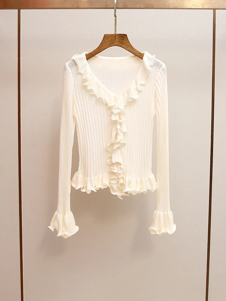 

High-end women's autumn new style French sweet ruffle patchwork bell sleeve slim knit top pulls femmes hiver pull ami top mujer