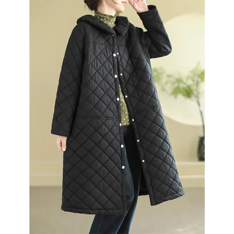 

Winter New Vintage Cotton Coat Women's Argyle Quilted Jacket Long Solid Color Single Breasted Casual Outerwear Parka Z4399