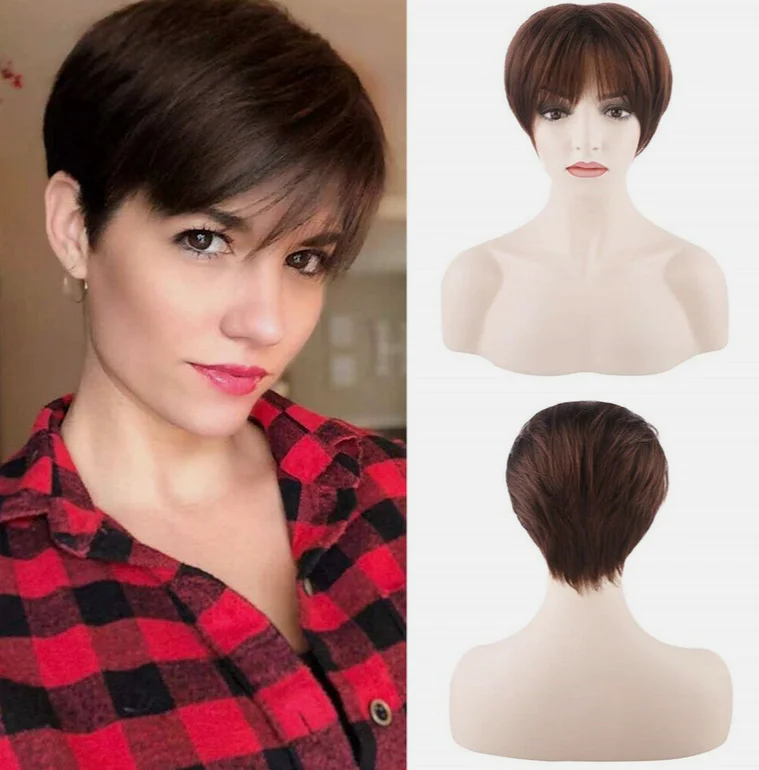 Peluca de cabello humano con corte Pixie corto, corte corto recto, Pixie, ninguna peluca de encaje para mujeres