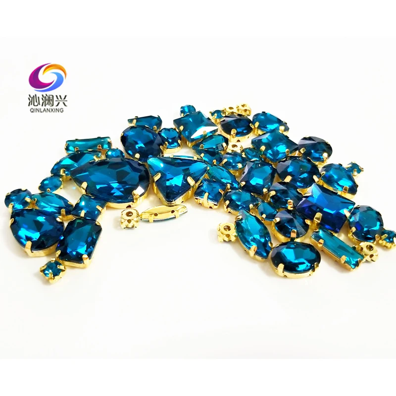 Mix 58Pcs Top Crystal Glass Rhinestones, Golden Bottom Peacock Blue Sewing Stones For Needlework, DIY Odzież Akcesoria