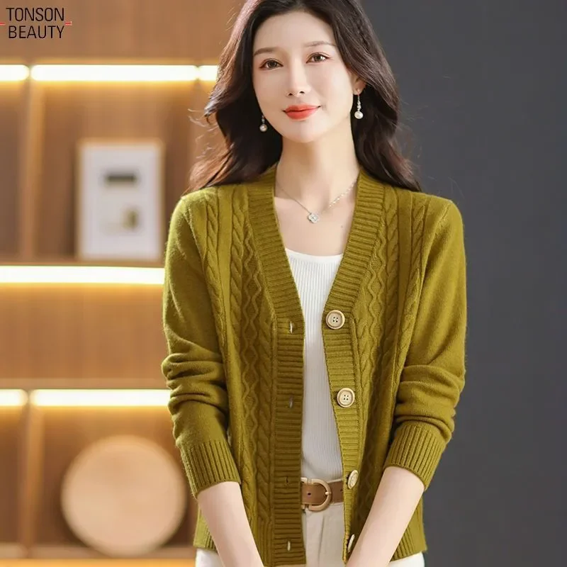 

2026 Autumn Winter New Fashion V-Neck Knitted Cardigan Women Long Sleeve Sweater Single Breasted Loose Knitwear Tops Tide T1653