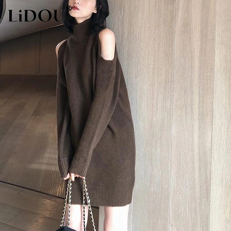 

Autumn Winter New Solid Color High Street Off Shoulder Long Sleeve Knitted Dress Women Fashion Casual Sexy Elegant Chic Dresses