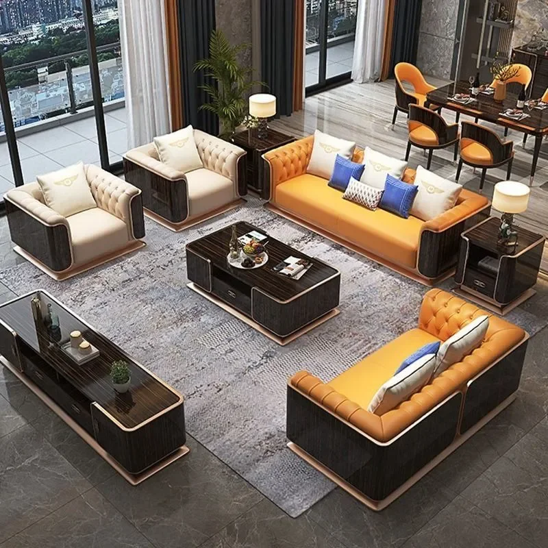 Italian Light Luxury High End Leather Buckle Sofa Modern Large Apartment Designer Villa Living Room Sofa Combination