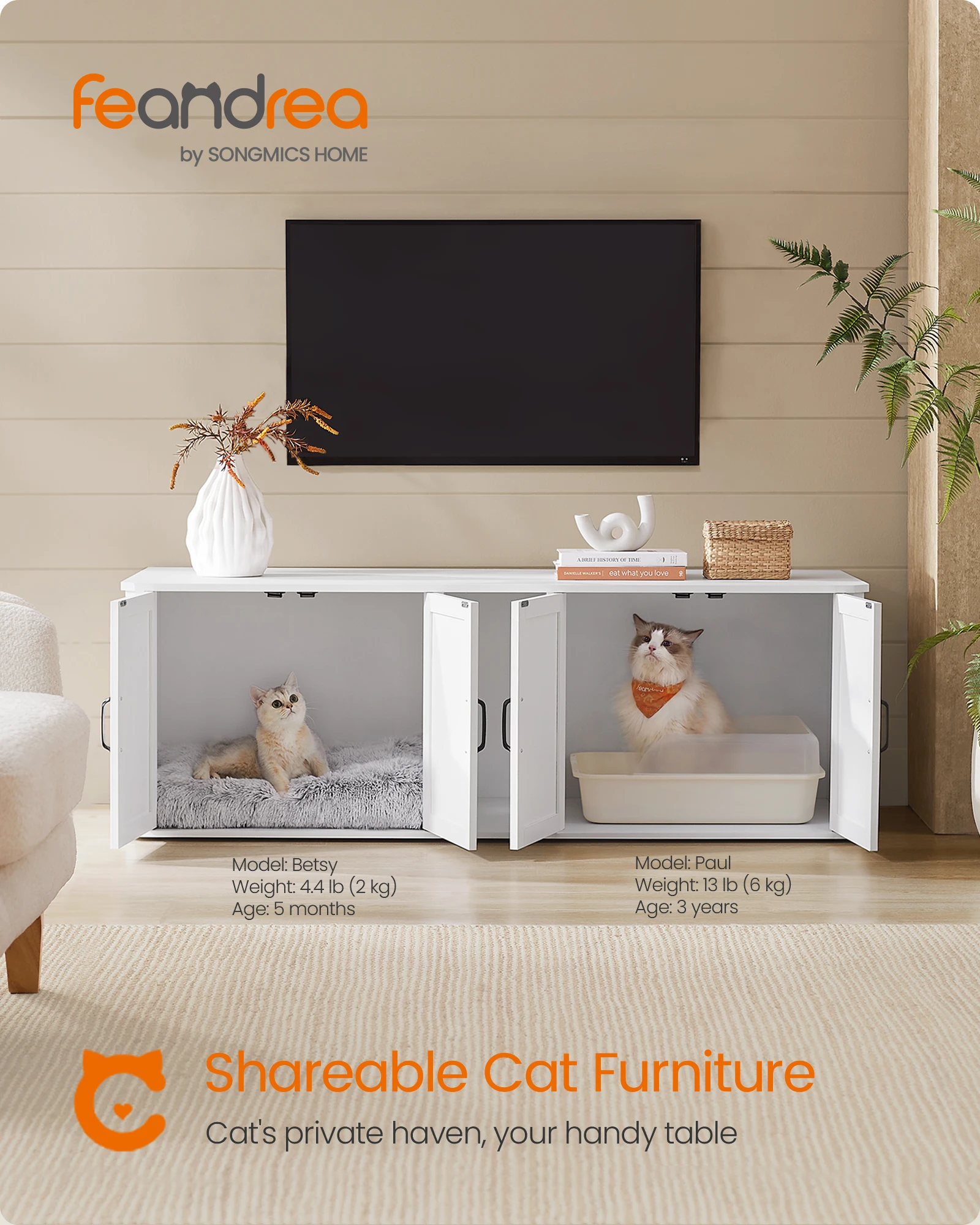 Feandrea Double Cat Litter Box Enclosure, Modern Cat Litter Box Furniture Hidden for 2 Cats, Front Entry, Cat House