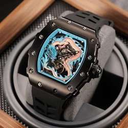 OBLVLO Luxury Design Blue Dragon Watch Black Tonneau Skeleton Mechanical Watch For Men Rubber Sport Automatic Relojs XM-DRAGON