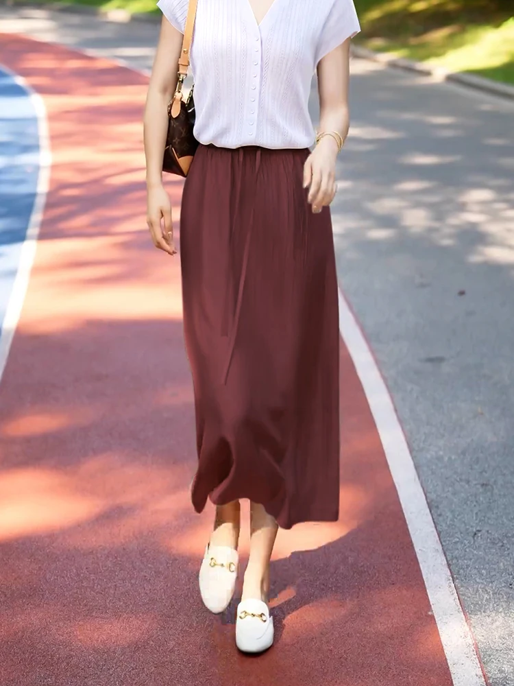 Acetate Satin Ice Silk A-Line Midi Skirt Women's Summer Slimming Tummy Covering Straight Cut Half-length Skirts