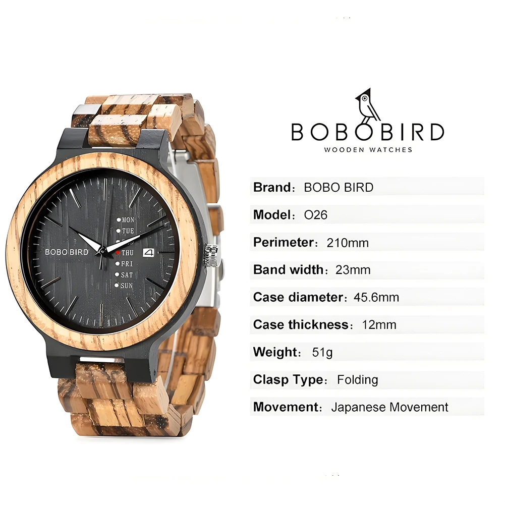 BOBO BIRD Houten herenhorloge Mode Zakelijke week en datumweergave Quartz uurwerk Logo aanpassen Geweldig cadeau relogio masculino