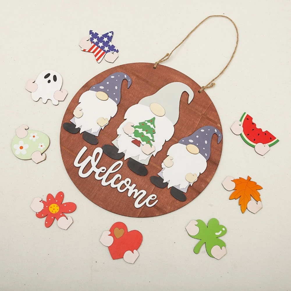 

New DIY Wooden New Year Welcome Sign Christmas Halloween Harvest Festival Decorative Door Hanging Wreath Faceless Doll Pendant