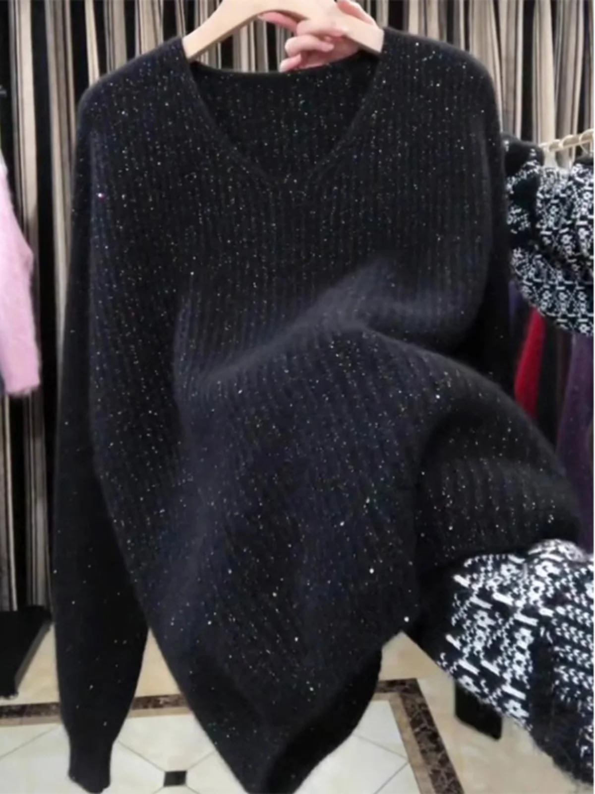 

Женский трикотажный свитер Ele Bla V-Ne с блестками, теплый, для весны и осени, высококачественный, модный, для повседневной носки, свободного кроя, с длинными рукавами