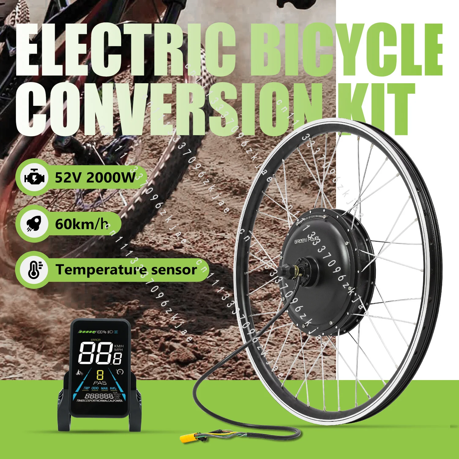 52V 2000W High Power Brushless Gearless Hub Motor LCD Display Twist Conversion Kit for E-Bike