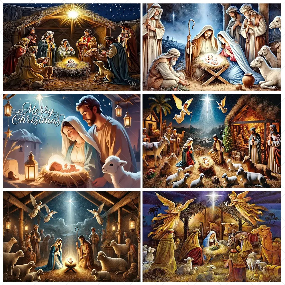 Nativity Scene Background Banner Starry Night Traditional Christmas Religious Jesus Backdrop Supplies Christmas Party Decoration