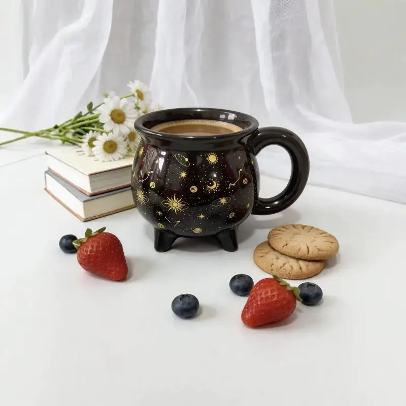 Hot Black Ceramic Cauldron Coffee Mug Gold Celestial Sun Moon Star Pattern For Home Office Use Gift For Astrology Enthusiasts