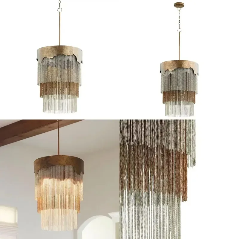Retro Gold Aluminum Chain Chandelier with Personalized Art Tassel Creative Modern Pendant Light for Restaurant