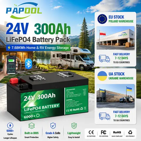 LiFePO4 24V 300Ah 200Ah 100Ah 340Ah 140Ah 12V Lithium Battery Bluetooth Grade A 6000 Cycles For Solar RV Golf Cart Boat EU STOCK