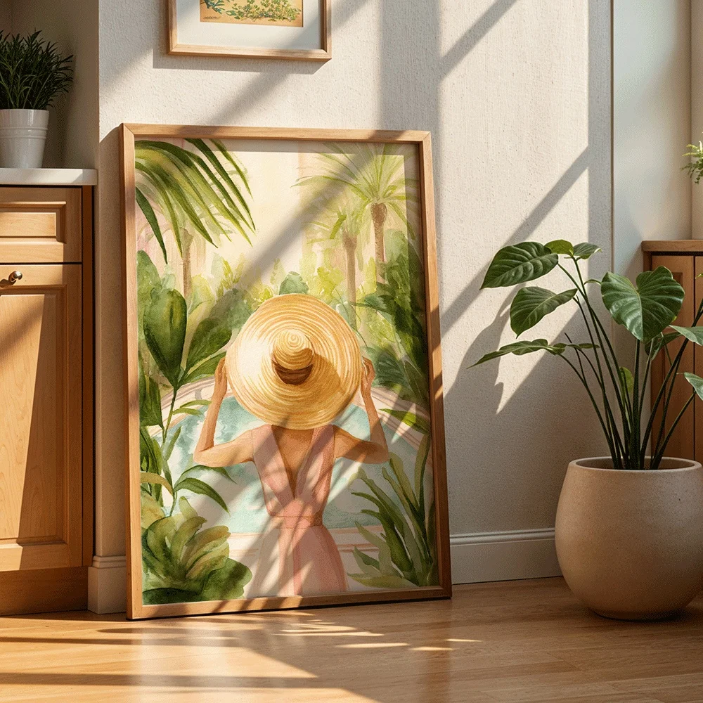 Bohemian Tropical Girl With Straw Hat Canvas Wall Decor Picture, 2D Printed Poster Wall Art, Home Decor Gift For Living Room And