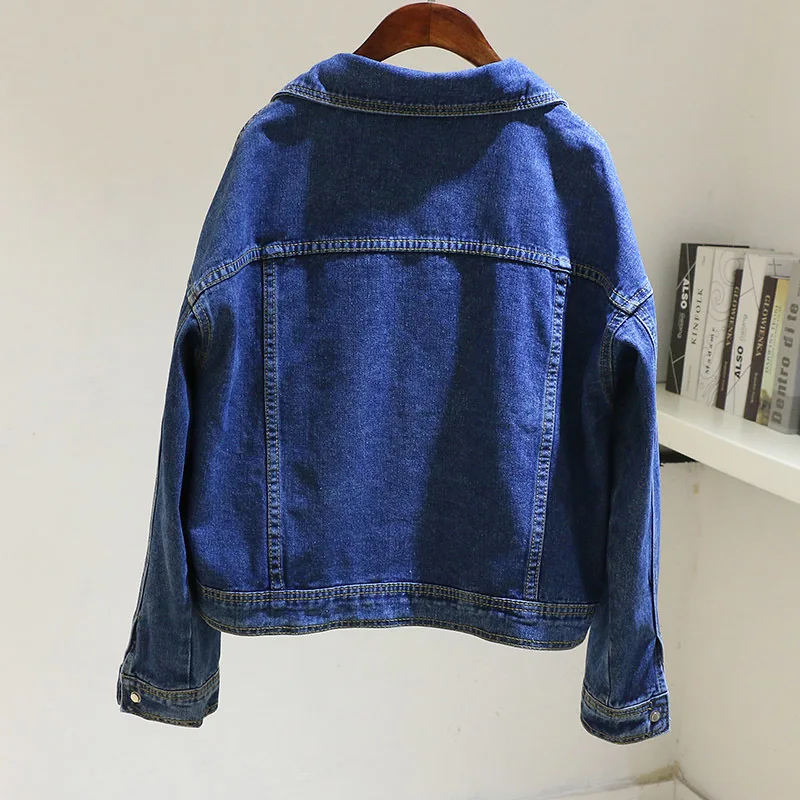 Spring Autumn Vintage Dark Blue Denim Jacket Women Loose Short Cowboy Outerwear Batwing Sleeve Big Pocket Jeans Jacket Female