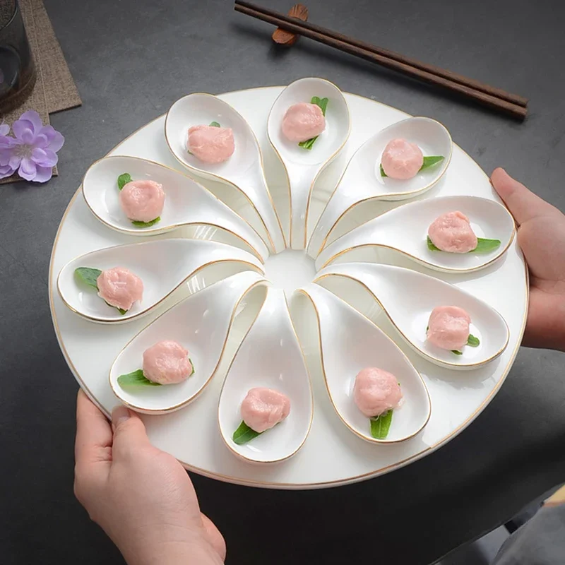 Ten Grids Spoon Plates Golden Edge Ceramic Tableware Snacks Hot Pot Meatballs Shrimp Slide Plate Table Tray Kitchen Utensils