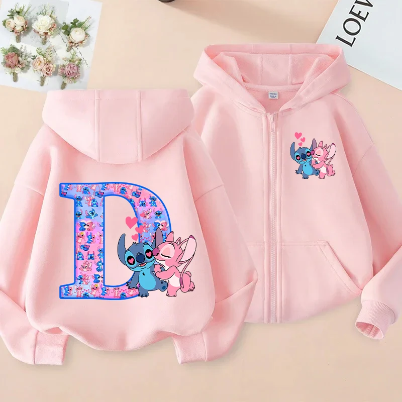 Stitch Angel Zipper Hoodies Girls Disney Anime Letter A-Z Sweatshirt Kids Spring Autumn Coat Outdoor Sport Jacket Children Gift