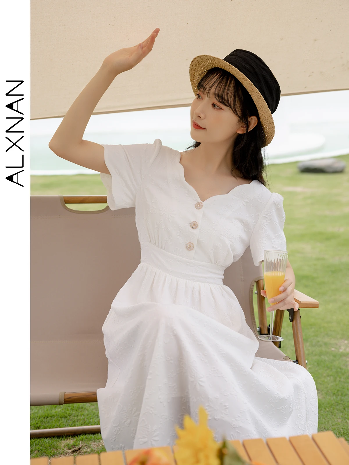 

ALXNAN Women's Summer White Dress 2024 New Puff Short Sleeve Midi V-neck High Waisted A-line Jacquard French Dresses LXN18357