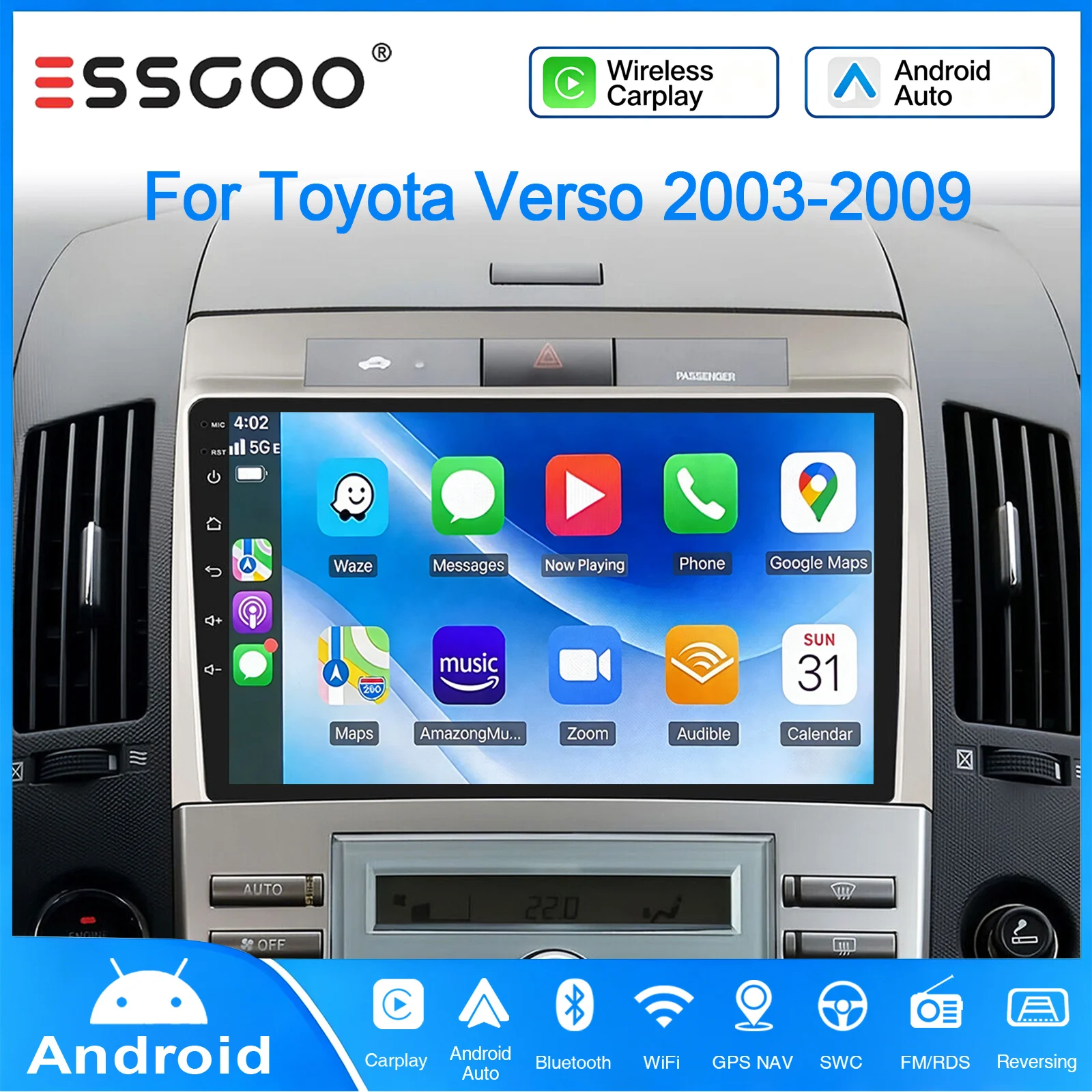 ESSGOO 9" Autoradio Android 15 pour Toyota Corolla Verso 2003-2009, Carplay sans fil, GPS, Bluetooth, RDS, WIFI, FM, SWC, DAB