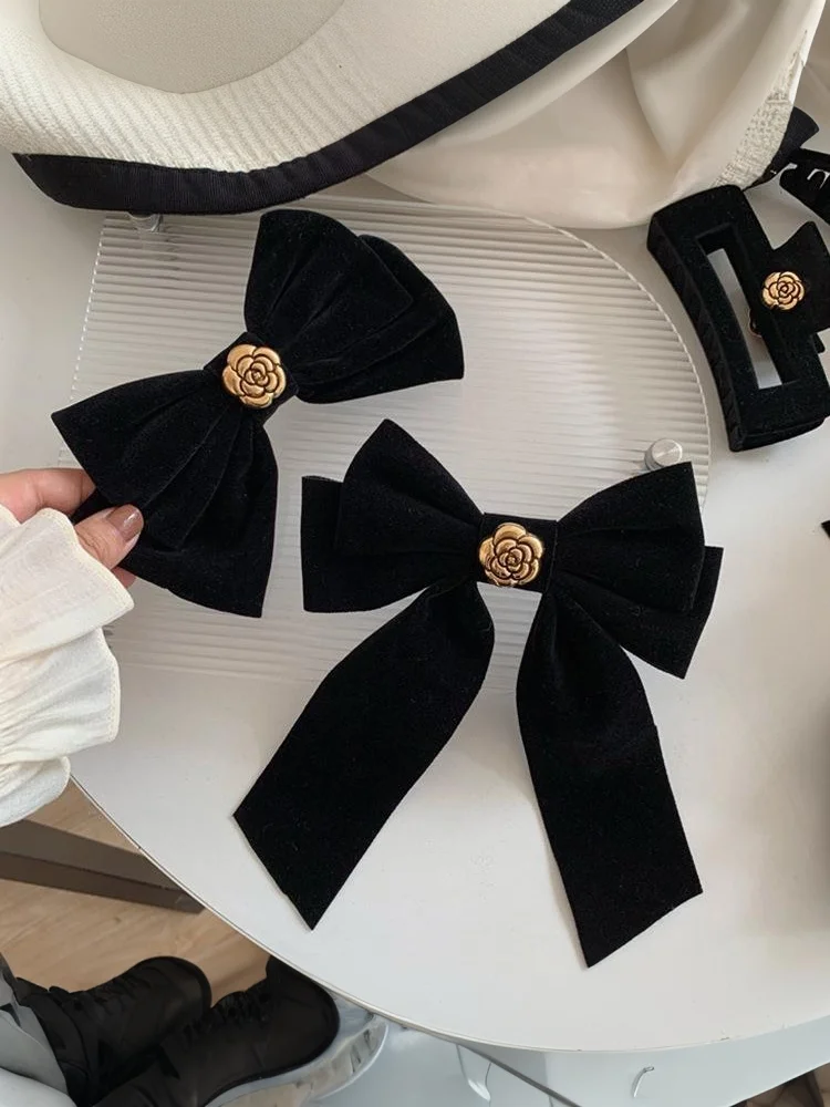 Schwarze Samt-Haarspangen mit Schleifenband, elegante Stoff-Kamelien-Haarspangen für Damen, modische Pferdeschwanz-Haarspange, Kopfbedeckungszubehör〔CC55〕 – Detail 7