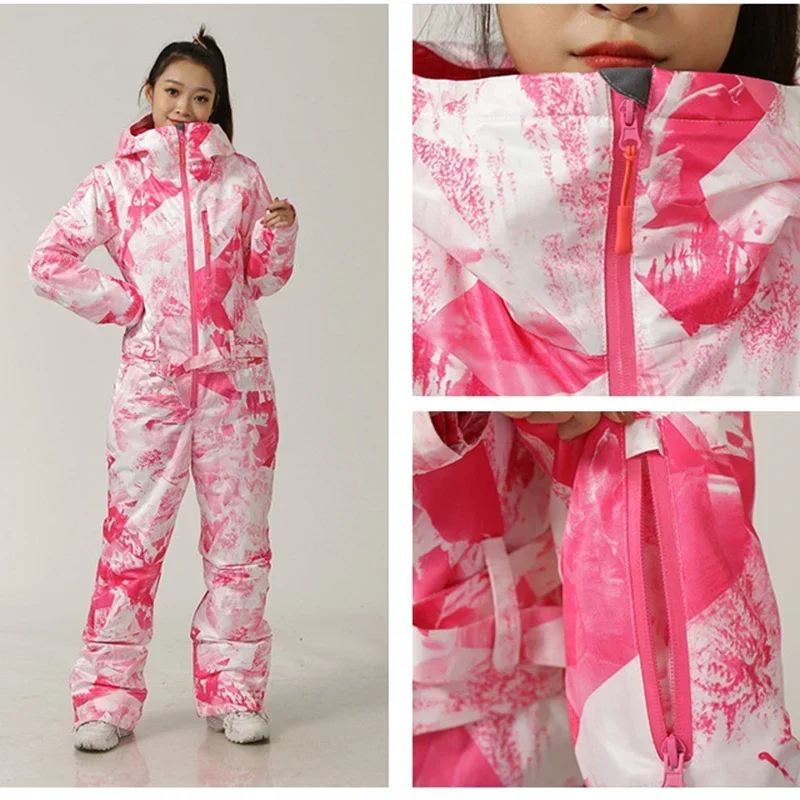 2025 قطعة واحدة بدل التزلج الإناث وزرة الشتاء الرياضة مقاوم للماء على الجليد دعوى النساء الثلوج بذلة الدافئة مقنعين ملابس التزلج