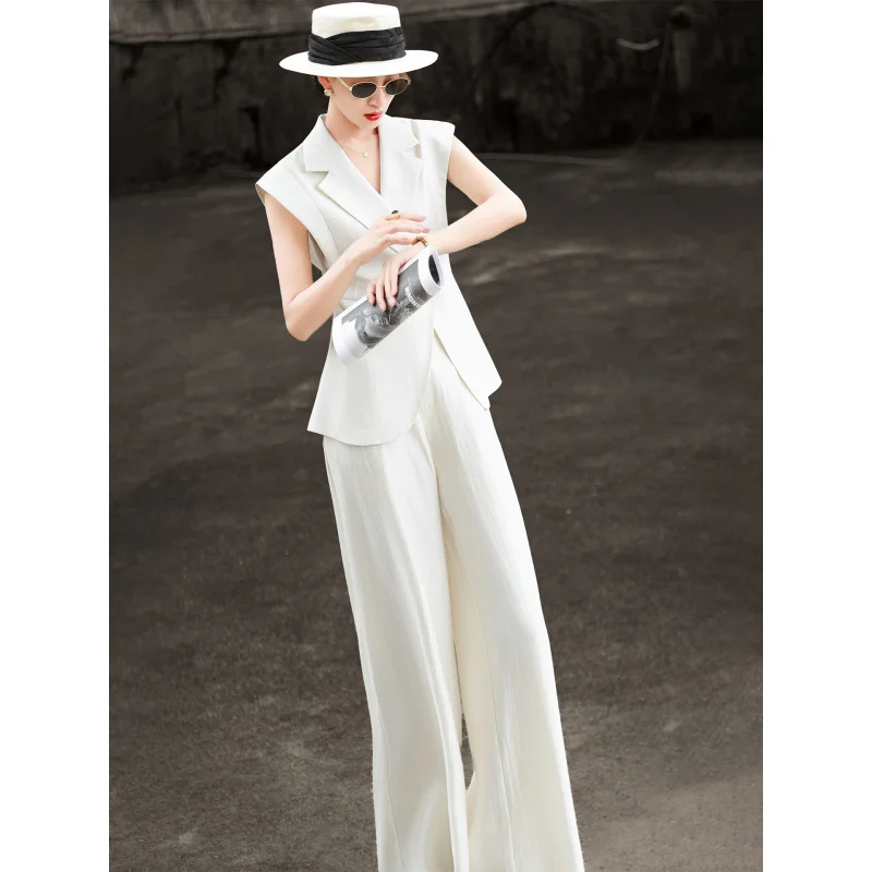 MEXCOCO 2026 Summer New Elegant Commuter Women Suit Sleeveless Blazer Vest Wide Leg Pants Two Piece Outfit