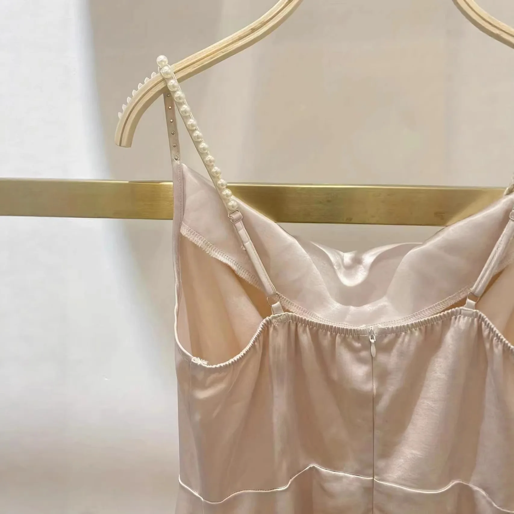 New Summer Women's Elegant Solid Color Strap Handmade Beaded Waist Collection Satin Gilded Dress