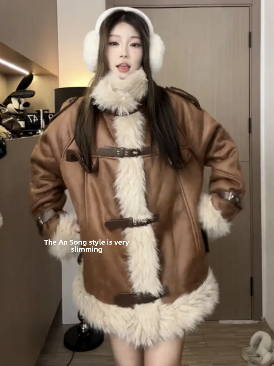 Thiened fce pele de cordeiro jaet camurça motociclista casaco de algodão feminino inverno quente outerwear gola longa sve comprimento médio