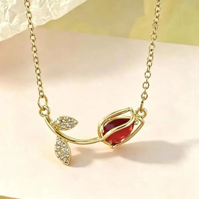 Colorful Crystal Tulip Charm Necklace Stainless Steel Adjustable Elegant Jewelry For Women Daily Wear Supply