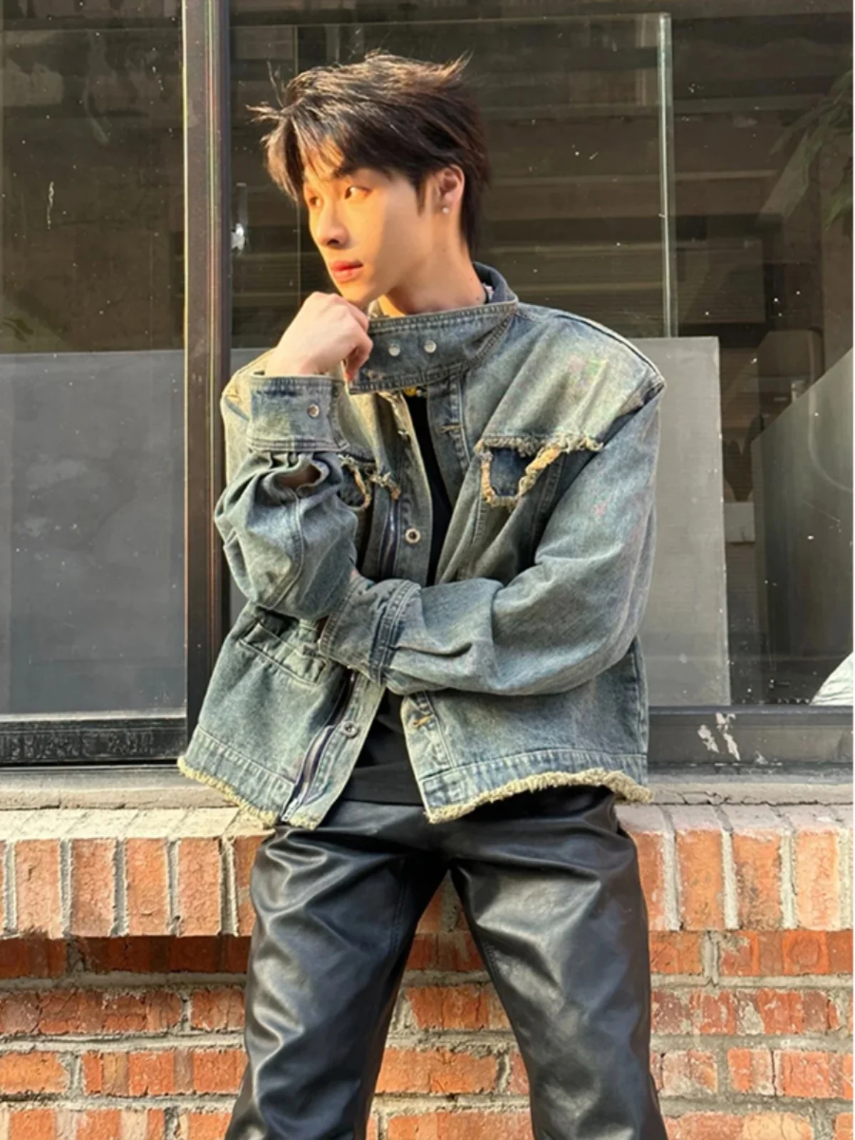 

Укороченная джинсовая куртка свободного кроя в американском стиле с воротником-стойкой и подплечниками, весна-осень, молодежная модная верхняя одежда