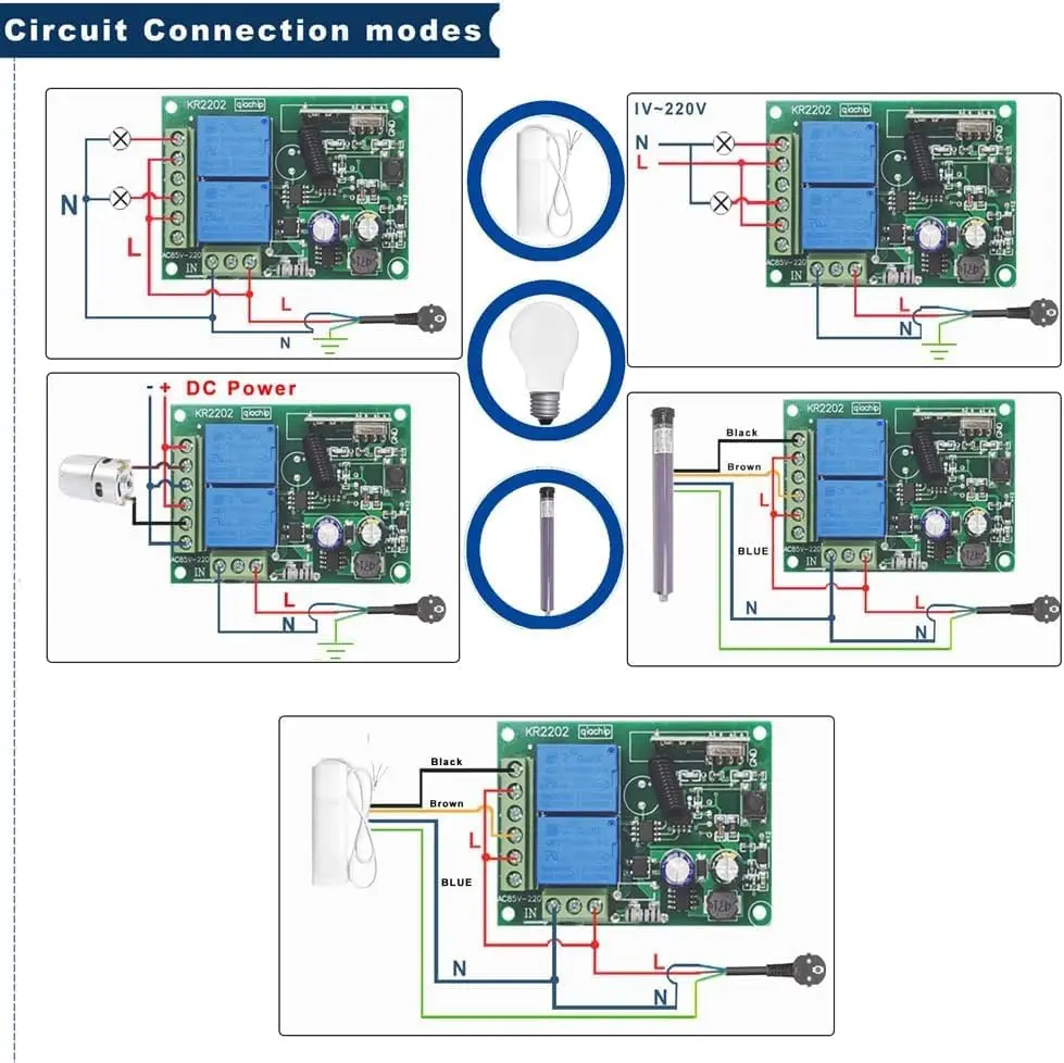 QIACHIP 433Mhz Bezprzewodowy Przełącznik RF, 2 Kanały AC 110V/220V/230V/240V Odbiornik Przekaźnikowy z Pilotami (3 Przyciski) — zdjęcie produktu 5