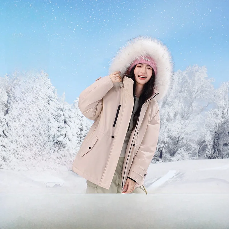 

Пуховик Snowy Flight 2026 в новом корейском стиле, женский, средней длины, с капюшоном, меховым воротником, рабочая парка с поясом на талии