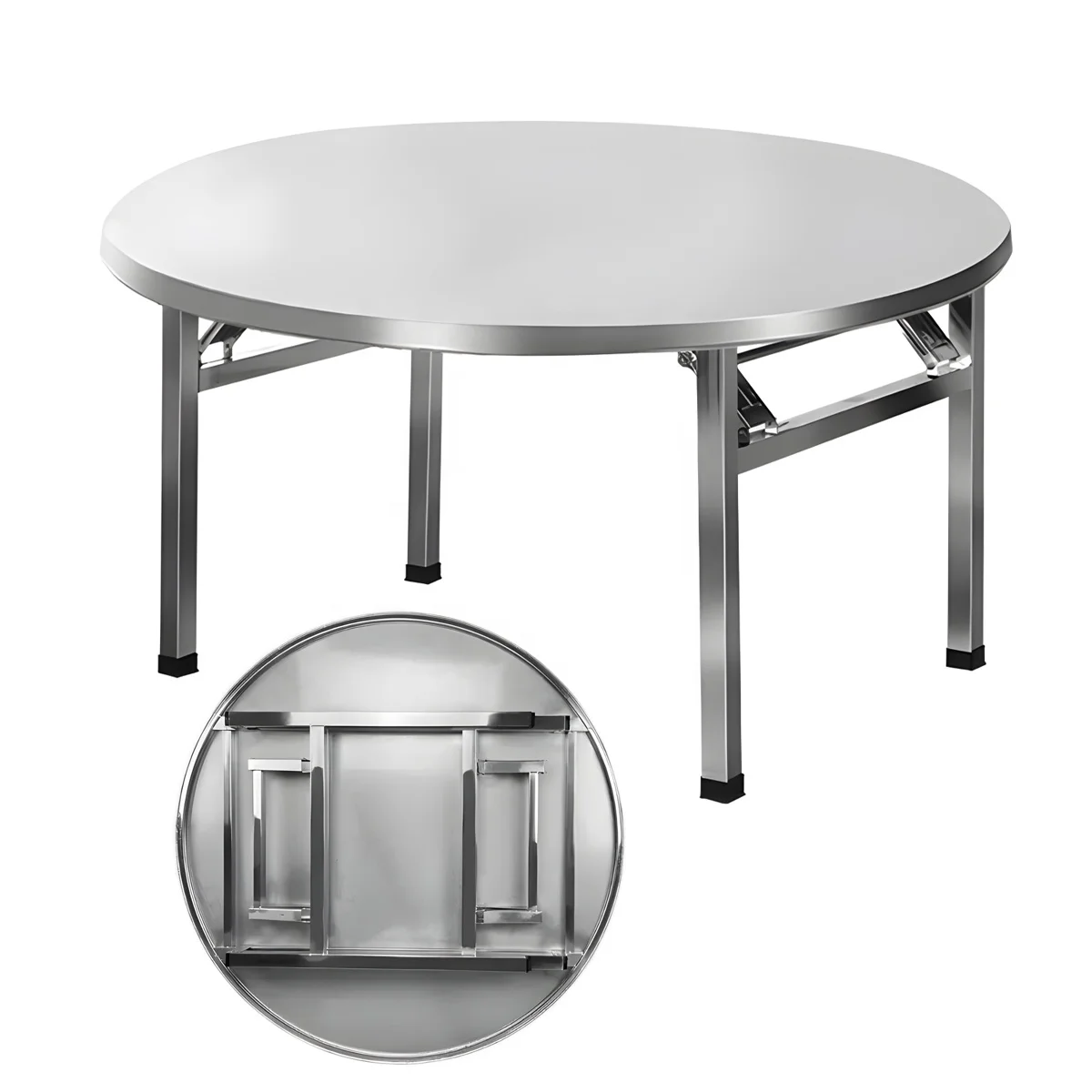 

Outdoor Indoor Embossed Stainless Steel Foldable Round Dining Table Picnic Table for Wedding Kitchen Hotel School or Canteen Use