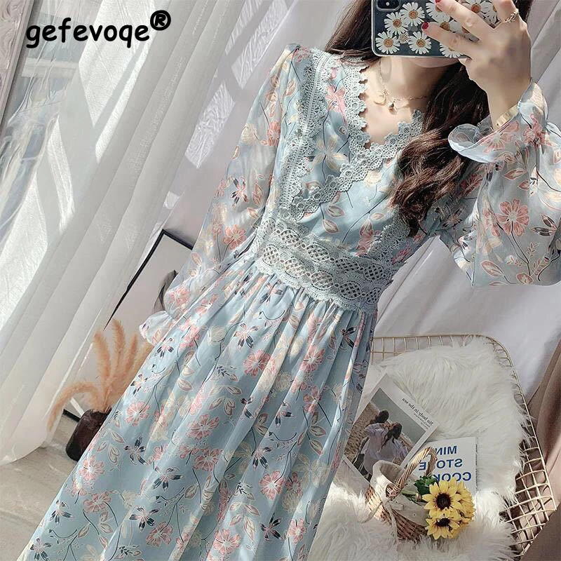 

Floral Print Elegant Chic Sweet Lace Patchwork Party Dresses for Women Spring Casual Slim V Neck Long Sleeve Midi Dress Vestidos