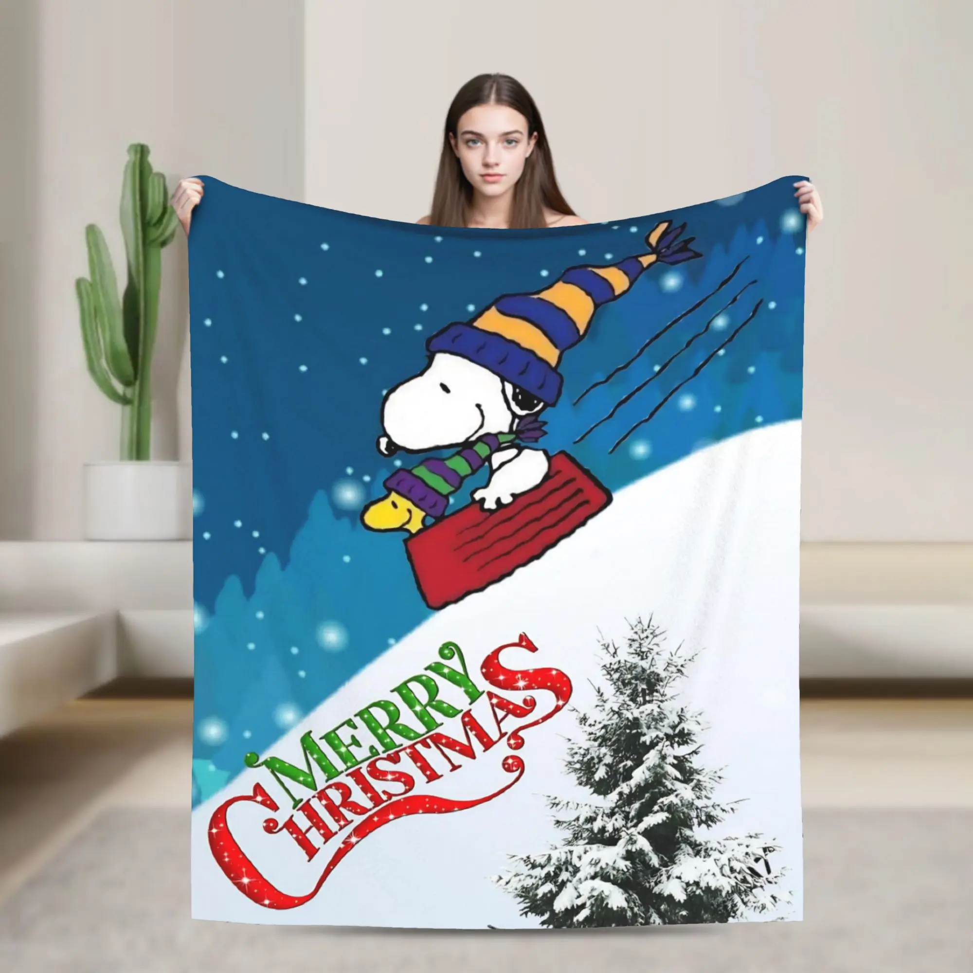 S-Snoopys Xmas Snowman Santa Blanket Coral Fleece Plush Summer Air Conditioning Multi-function Throw Blankets for Bedding Quilt